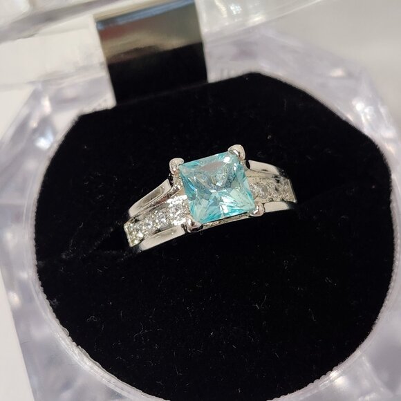 VTG 18K 925 Natural Square Princess Cut Swiss Blue Clean Thick Band Ring Sz 5 - Picture 12 of 16